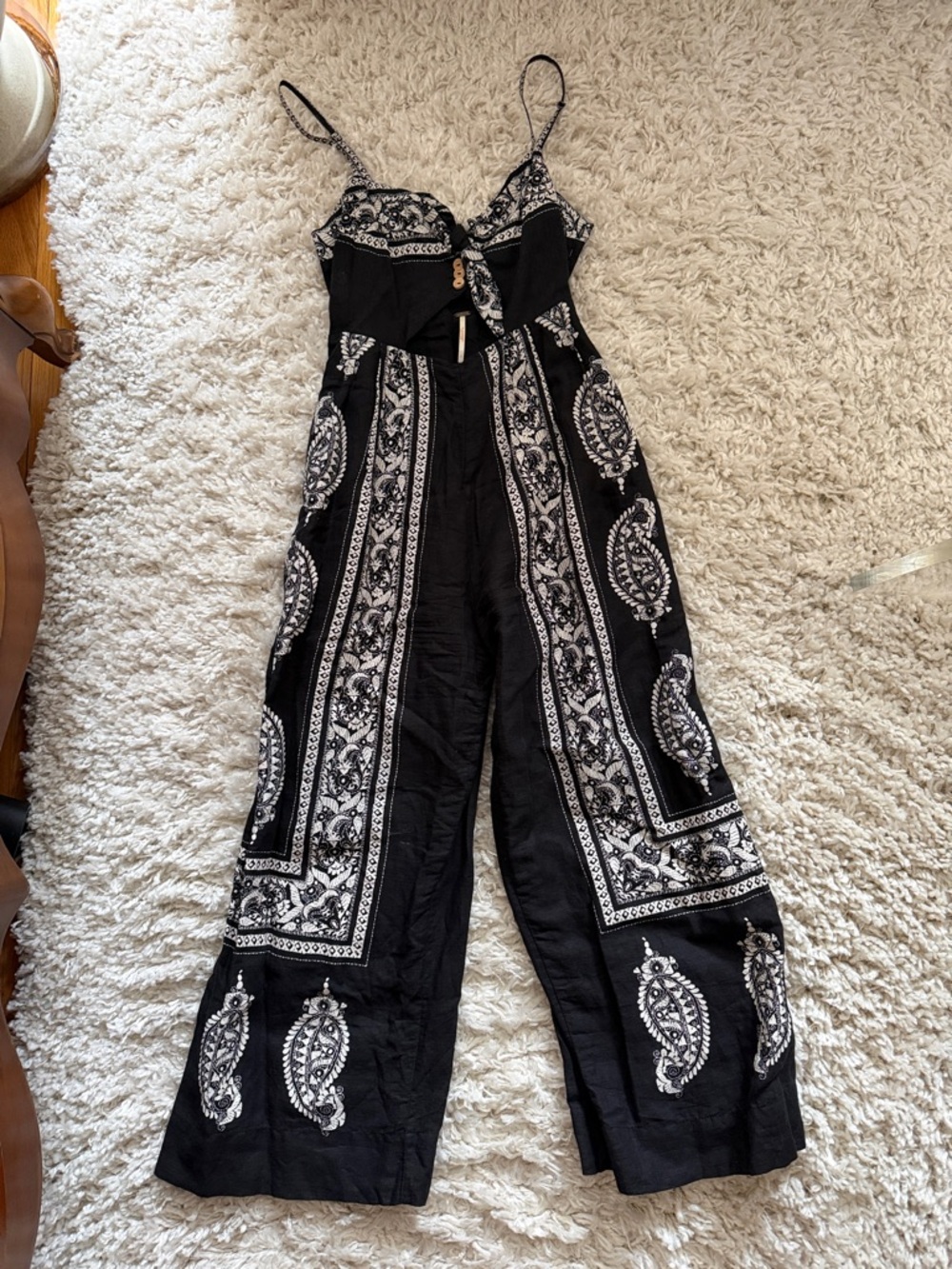 Free People Black Paisley Tie-Front Wide-Leg Jumpsuit - Picture 4 of 4